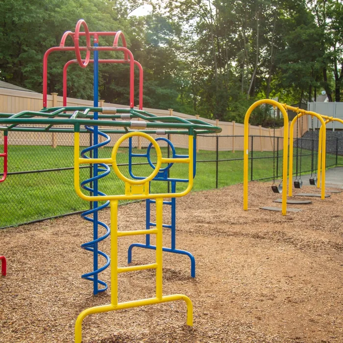 Colorful playground equipment with monkey bars and swings on a mulch surface, surrounded by fence.